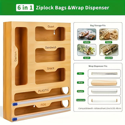 Bamboo Ziplock Bag Organizer Box for Kitchen Drawer - Adjustable Dividers, Compatible with Gallon Quart Sandwich Snack Bags, Space-Saving Fresh-Keeping Storage, Easy to Clean, Durable