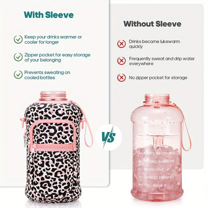 Half Gallon Water Bottle 74oz with Storage Sleeve & 2 Lids - Large Sports Water Jug for Gym, BPA-Free, Straw & Chug Lid, Time Marker, Shoulder Strap & Handle, Motivational Hydration Bottle