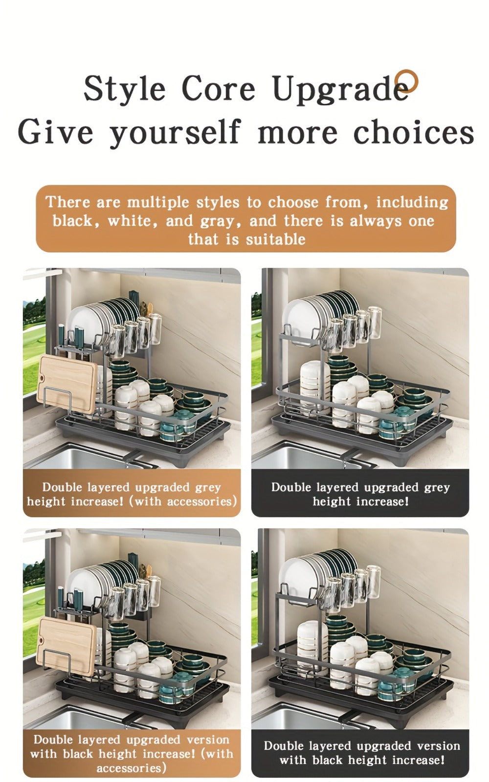 2-Tier Metal Dish Drying Rack with Cutlery Holder Cup Holder & Rust-Proof Drip Tray – Space Saving Countertop Kitchen Organizer