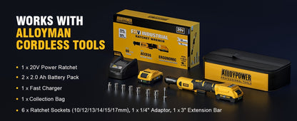 Cordless Ratchet Wrench Set 3/8 Inch 60FT-LBS 80Nm Electric Ratchet 2x20V Rechargeable Variable Speed LED Light 6 Sockets 1/4 Adapter 3 Inch Extension Rod Yellow