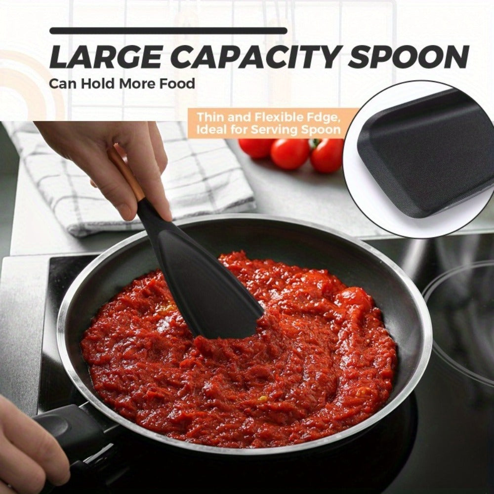 Silicone Cooking Spoon with Wooden Handle 12 Inch - Heat Resistant Nonstick Safe Kitchen Spoon for Cooking Serving Mixing Scraping, BPA Free Silicone Utensil, Black, 2 or 4 Pack