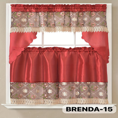 Kitchen Curtains 3 Piece Set Embroidered Satin Valance and Tiers - Rod Pocket Light Filtering Machine Washable 46 Colors Available All Season Home Decor