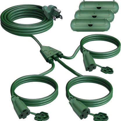 Extension Cord Splitter 1 to 3 Outlets 25FT 50FT 16/3 SJTW Pure Copper Core UV-Resistant PVC Jacket 3 Grounded Outlets for Holiday Decoration Christmas Lights Outdoor Indoor Patio Garden Black Green