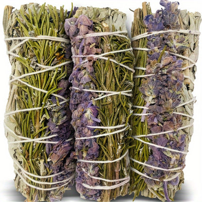 Sage Incense Smudge Bundle Set 3 Pack - White Sage Rosemary Lavender Hand-Bundled Incense Sticks for Home Cleansing Negative Energy Purification Meditation Aromatherapy Spiritual Healing