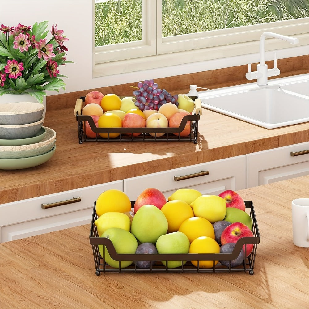 Fruit Basket with Banana Hanger, 2-3 Tier Metal Countertop Organizer with Wooden Handle — Detachable Kitchen Storage Stand for Fruits, Vegetables & Bread | Large Capacity | Black