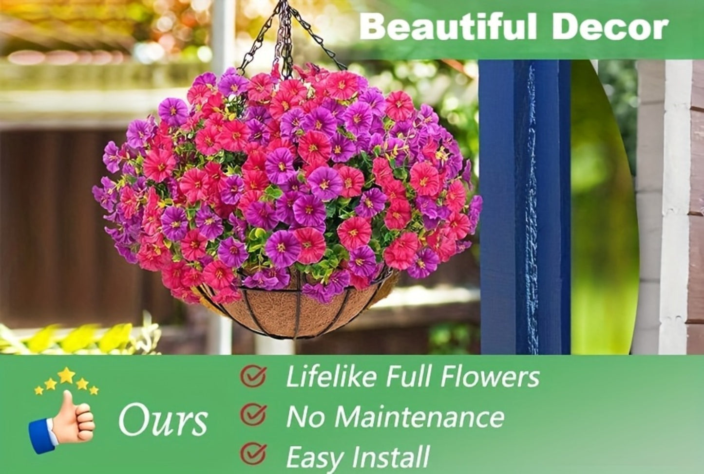 Artificial Hanging Flowers Outdoor UV-Resistant Fake Petunias with Planter Basket – Realistic Faux Hanging Plants for Garden Patio Porch Balcony Railing Decor