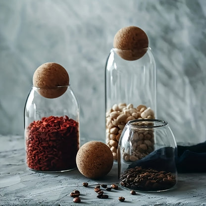 Glass Storage Jars with Cork Lid Set of 3 | 17oz 500ml Airtight Glass Containers with Spherical Cork Stopper | Kitchen Organizer for Tea Nuts Candy Spices Dried Flowers