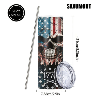 Skull Tumbler 20oz Patriotic Skull Pattern Stainless Steel Insulated Cup with Lid & Straw Travel Coffee Mug Hot Cold Drinks Gift Birthday Halloween Christmas