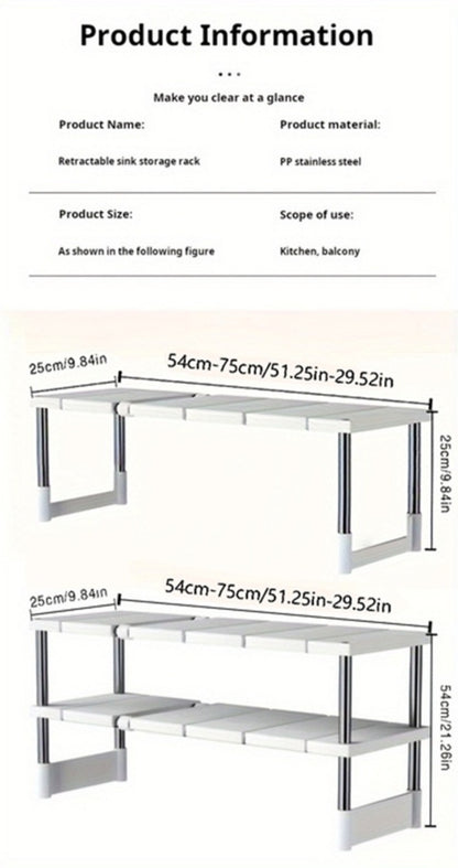 Under Sink Organizer Adjustable - Stainless Steel and Plastic Cabinet Storage Shelf for Kitchen and Bathroom, Space Saving Single Layer Rack for Pots Cleaning Supplies and Toiletries, Multi-Functional Under Cabinet Organizer and Storage
