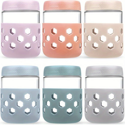 Glass Airtight Jars 6 Pack 16oz - Moisture Proof Food Storage Containers with Screw Top Lids and Silicone Sleeves for Tea Grains Nuts Snacks and Yogurt, Clear Round Glass Canisters for Kitchen Pantry Counter Organization