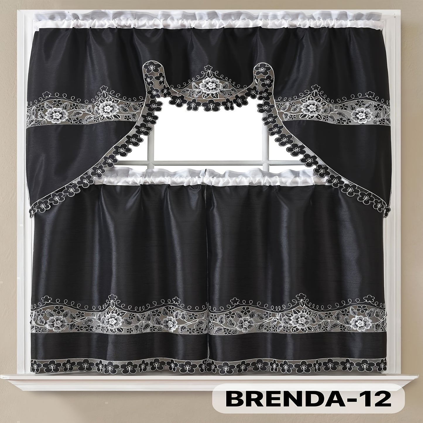 Kitchen Curtains 3 Piece Set Embroidered Satin Valance and Tiers - Rod Pocket Light Filtering Machine Washable 46 Colors Available All Season Home Decor