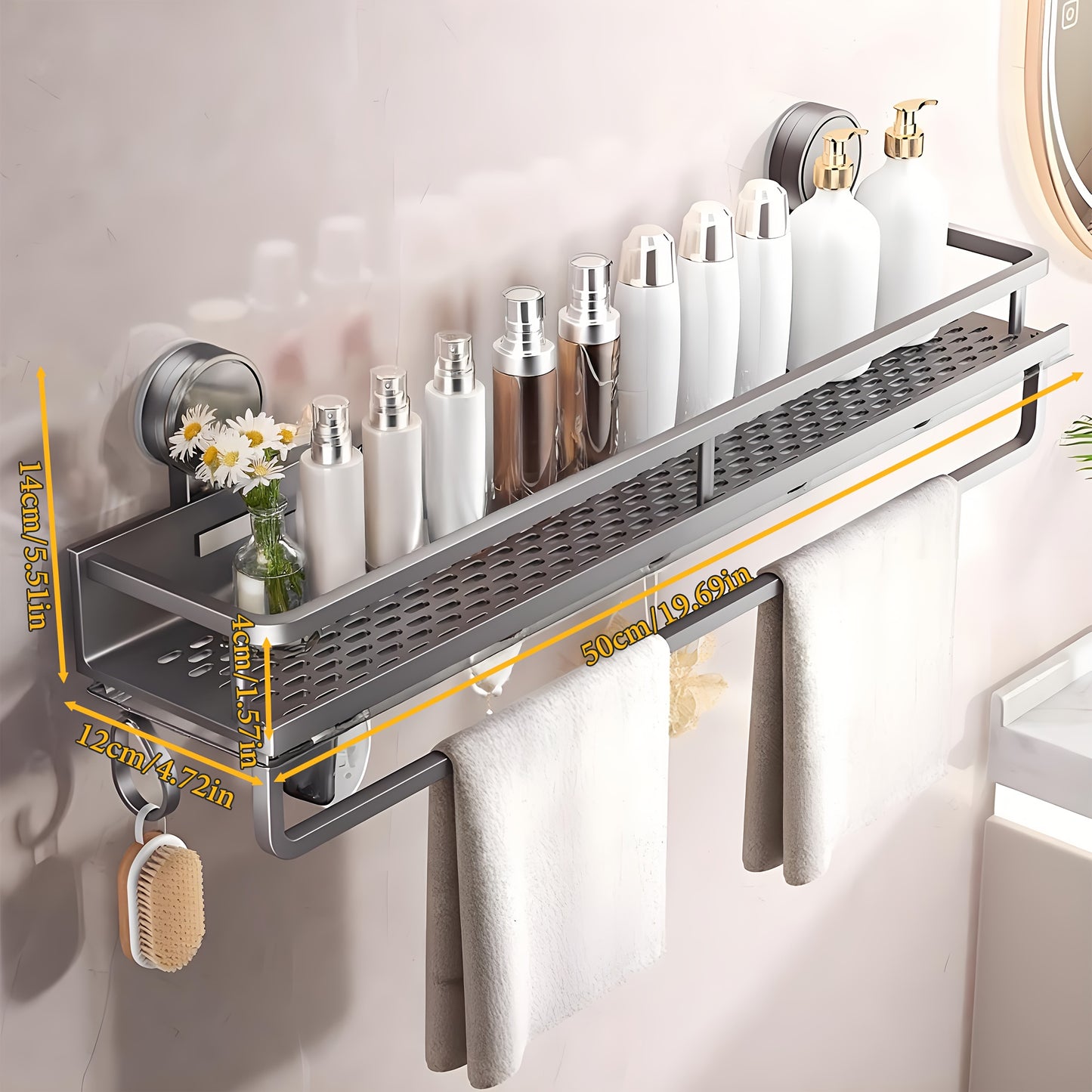 Suction Cup Shower Caddy with Towel Holder Bar, Wall-Mounted Bathroom Shelf Organizer for Shampoo Soap, Heavy-Duty Floating Shower Shelves, Strong Adhesive No Drilling