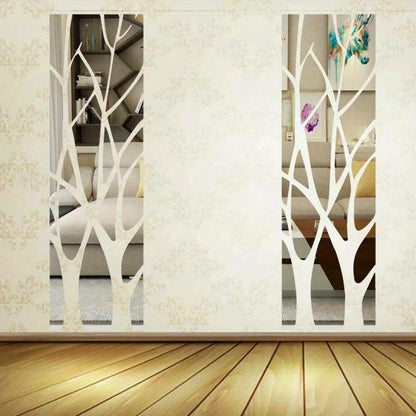3D Mirror Tree Acrylic Wall Sticker – Removable Reflective Wall Decal for Living Room, Bedroom, TV Wall & Sofa Area | Glossy Silver Mirror Finish Wall Art Decor | 1000x280mm