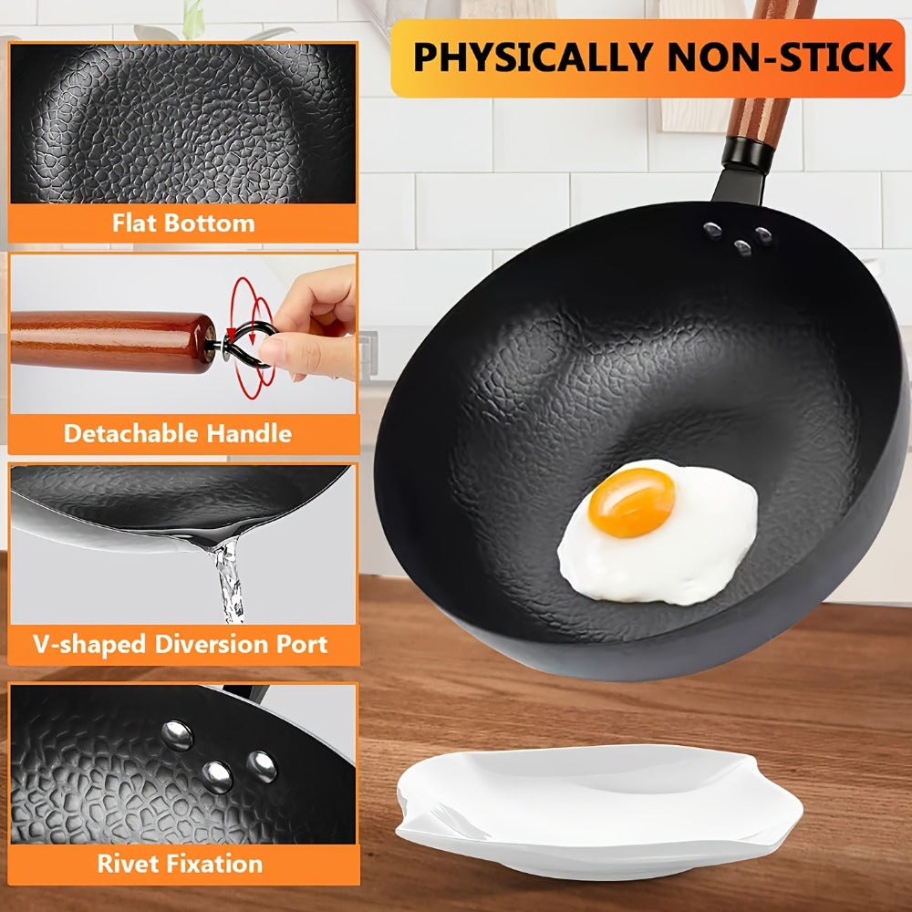 Carbon Steel Wok Set with Lid & Accessories – 14-Piece Non-Stick Stir Fry Pan 12.6" for Gas Electric Induction All Stoves | Wok Pan with Spatula Brush Ring Utensils Kitchen Cooking Set