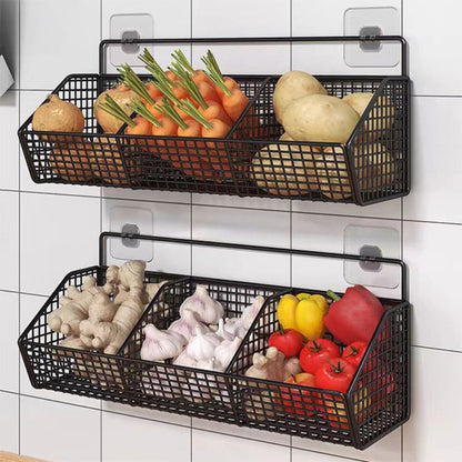 Wall Mounted Kitchen Storage Basket – Metal Wire Rack Organizer, 2 or 3 Grid Tier, Space Saving Vertical Pantry Shelf for Spices, Snacks & Beverages, Home Kitchen & Retail Store Display