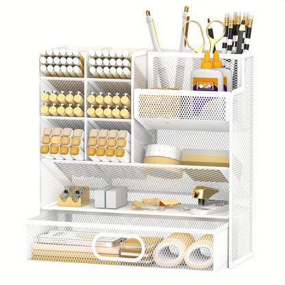 Mesh Desk Organizer with Drawer – Multifunctional Desktop Pen Holder & Office Supply Organizer for Home Office, School & Art Studio – Pencil Cup Caddy with Storage Compartments, Multiple Colors Available