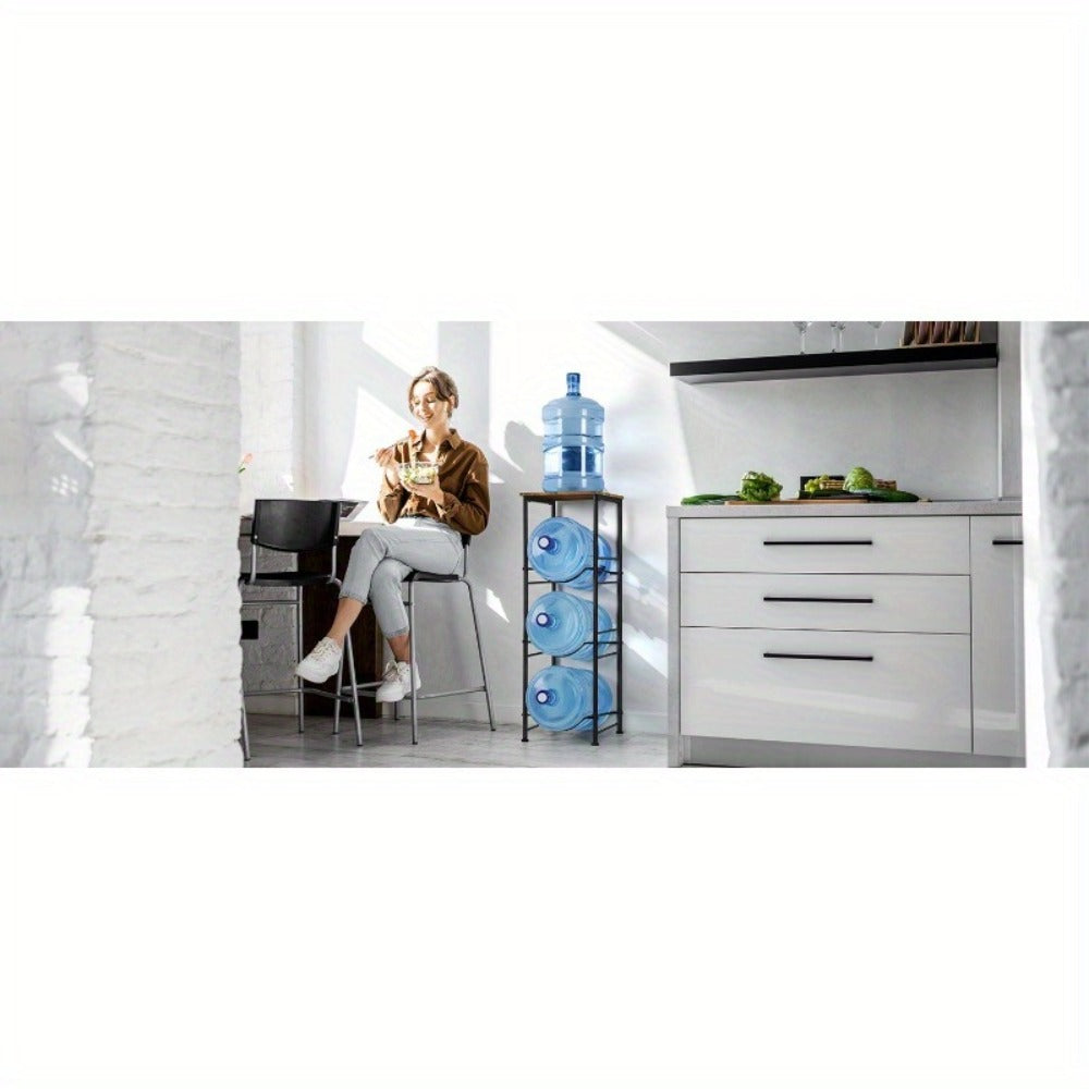 5-Gallon Water Jug Holder 3-Tier – Heavy Duty Water Bottle Rack Organizer with Top Shelf & Adjustable Legs for Kitchen, Living Room & Office – Particleboard & Steel Frame, White, Brown & Black