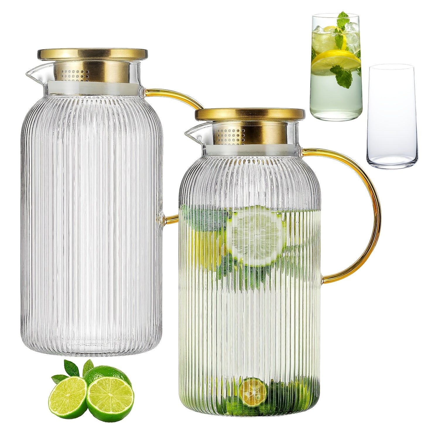 Glass Pitcher with Stainless Steel Lid 68oz 2 Liter Borosilicate Water Pitcher Carafe for Cold Brew, Lemonade, Iced Tea & Milk – Heat Resistant, 2 or 4 Pack