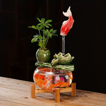 USB Desktop Fish Waterfall Fountain with Glass Bowl – Relaxing Indoor Water Feature Tabletop Decor Zen Fountain Gift