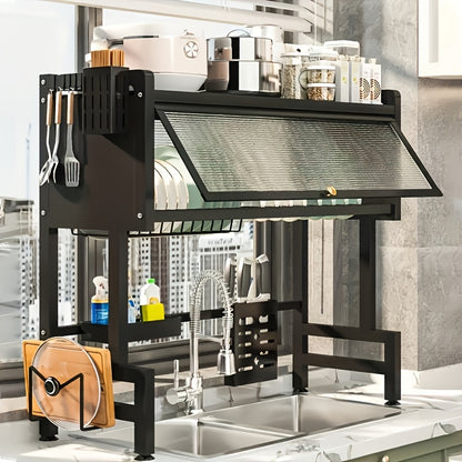 Dish Drying Rack Multi-Layer Kitchen Countertop Organizer - Dust-Free Drainer for Plates Bowls Utensils, Black Large Capacity Dish Rack