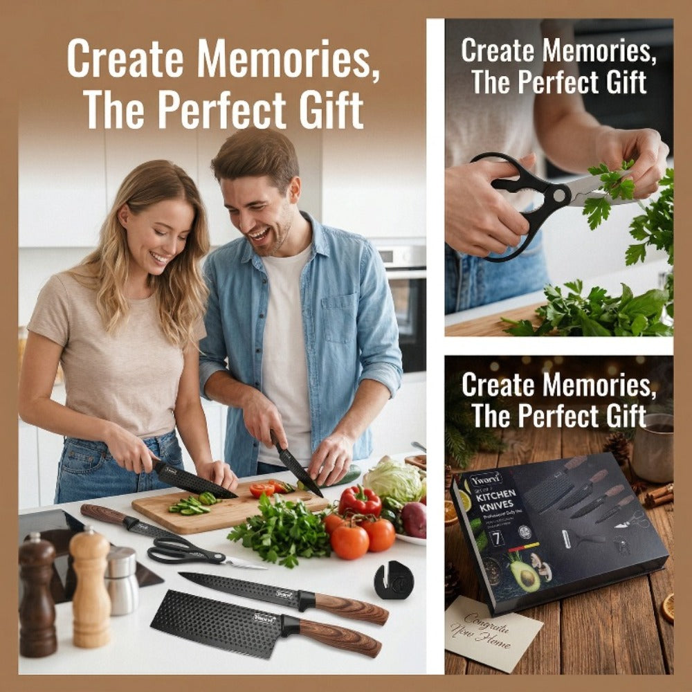 Chef Knife Set 7 Piece High Carbon Stainless Steel Ultra Sharp – Anti-Stick Ergonomic PP Handle, Includes Slicing Knife, Scraper, Scissors & Whetstone, Gift Box for Home, Family & Travel