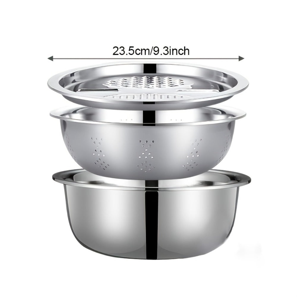 Stainless Steel Kitchen Tool Set 3pcs – Built-In Grinder, Colander Filter & Mixing Bowl for Washing, Slicing & Draining Fruits, Vegetables & Cheese, Food-Safe Drainage System