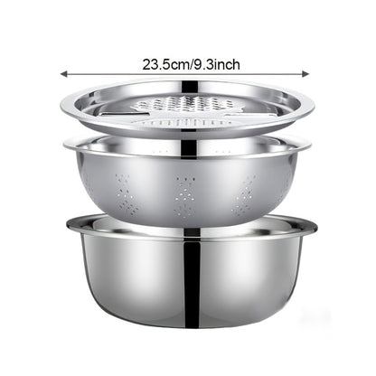 Stainless Steel Kitchen Tool Set 3pcs – Built-In Grinder, Colander Filter & Mixing Bowl for Washing, Slicing & Draining Fruits, Vegetables & Cheese, Food-Safe Drainage System
