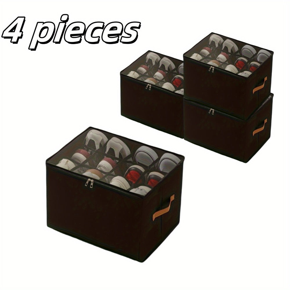 Oxford Fabric Shoe Storage Organizer with Adjustable Dividers, Transparent Lid & Handles – Holds 12 Pairs, Foldable, Zippered Dustproof, 2 or 4 Pack