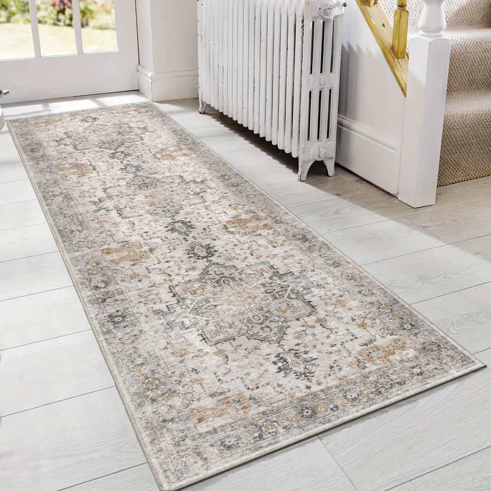 Runner Rug Machine Washable Non-Slip Vintage Hallway Area Rug Low Pile Lightweight Boho Floral for Entryway Kitchen Corridor Light Taupe Brown