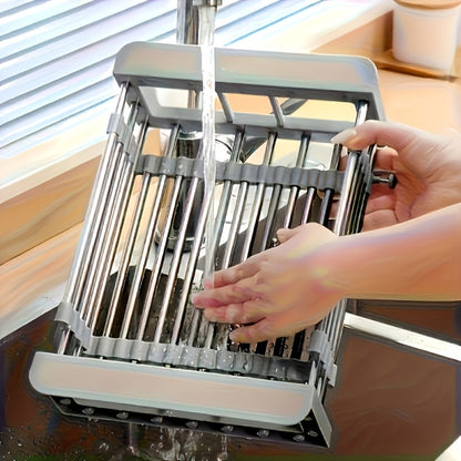 Dish Drying Rack Stainless Steel Adjustable – Expandable Over Sink Dish Rack with Retractable Width & Height for Kitchen Countertop, Space-Saving 304 Stainless Steel Drainer, Easy to Clean