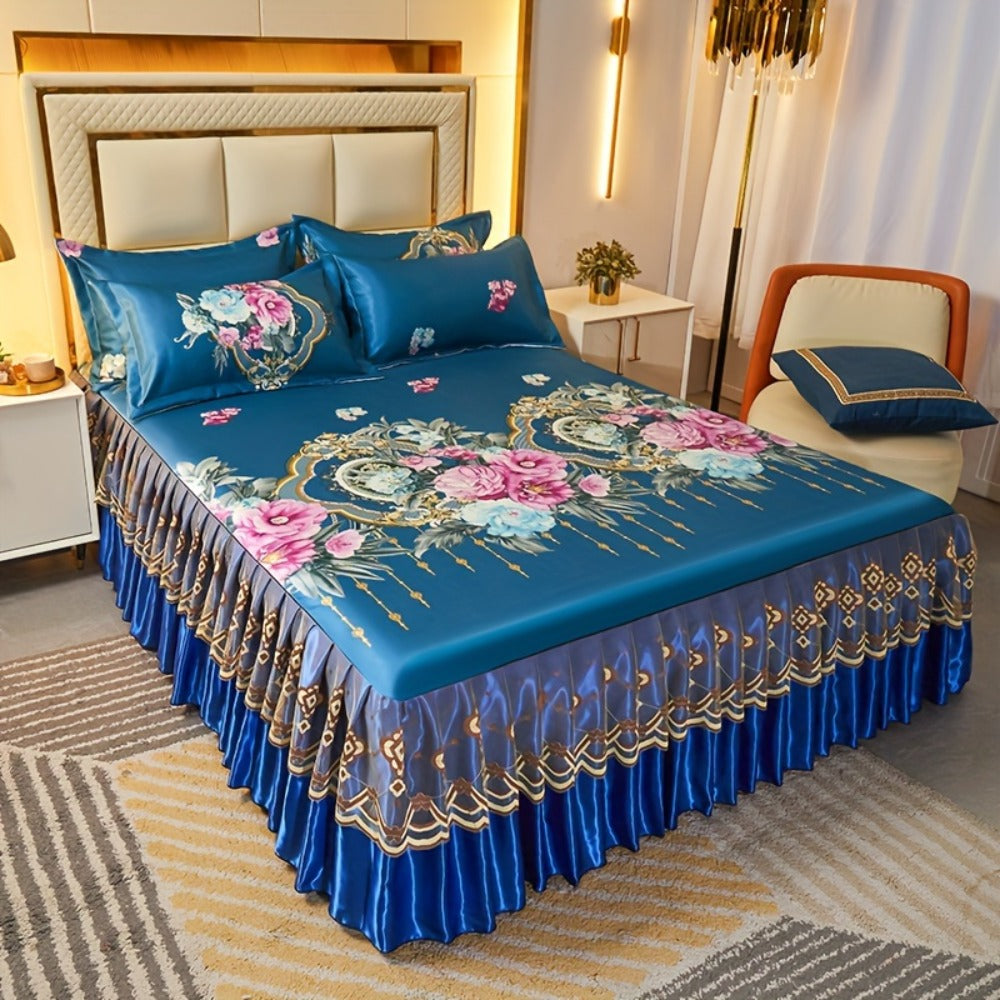 Floral Ruffle Bed Skirt Cool Mat 3 Piece Set with Pillowcase, Double Layer 360° Full Wrap Washable Cooling Mattress Cover, Breathable Summer Bedding Set for Twin Full Queen King, Parisian Romantic Floral