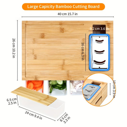Bamboo Cutting Board with Food Container, Cheese Grater & Juice Groove - Large Wooden Chopping Board Set with Storage Box, Drain Tank for Vegetables Meat Cheese, Kitchen Prep Board with Hand Grip