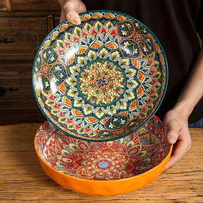 Ceramic Soup Bowl Set 2pcs Bohemian Floral Hand-Painted 25.8cm Microwave Safe Vintage Tableware for Cooking Dining Gift