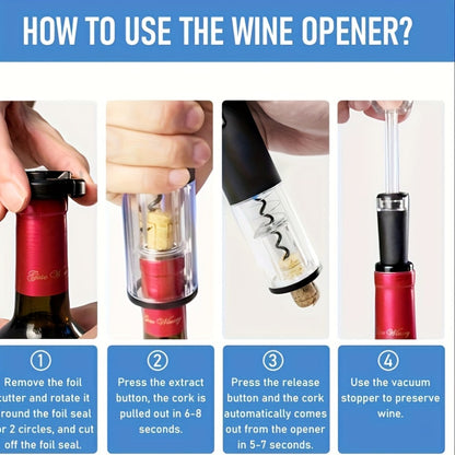 Electric Wine Opener Set 4-in-1 Rechargeable - USB-C Automatic Corkscrew with Blue LED, Vacuum Stopper, Wine Pourer & Foil Cutter - Complete Wine Accessories Gift Set for Home Bar, Parties & Weddings