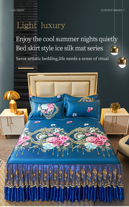 Floral Ruffle Bed Skirt Cool Mat 3 Piece Set with Pillowcase, Double Layer 360° Full Wrap Washable Cooling Mattress Cover, Breathable Summer Bedding Set for Twin Full Queen King, Parisian Romantic Floral