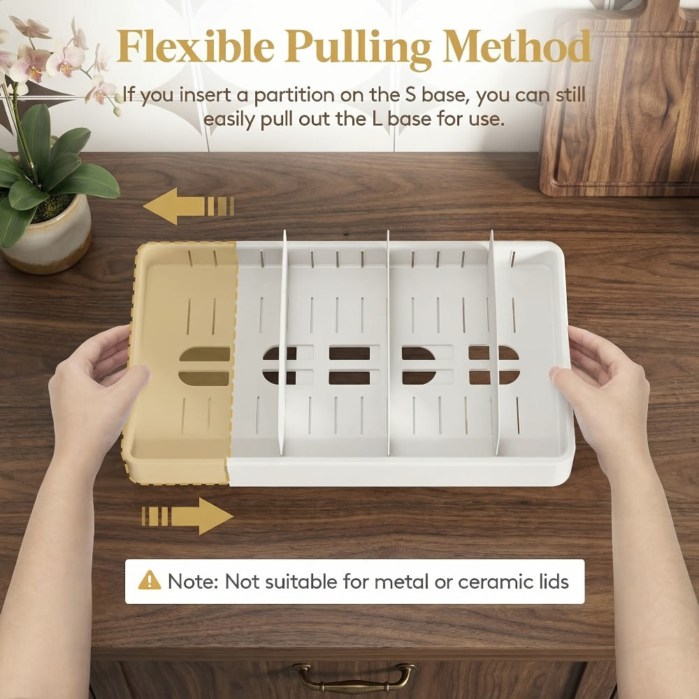 Adjustable Cabinet Lid Organizer – Extra Large 13-24" Food Storage Container Lid Divider with 8 Inserts & 21 Compartments, BPA-Free Plastic Lid Holder for Kitchen Cabinet & Pantry Organization