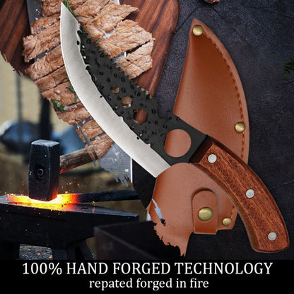 Viking Chef Knife Set 3/4pcs Hammered Stainless Steel Kitchen Knives – Boning, Utility & BBQ Knife with Wooden Handle for Cooking, Camping & Outdoor
