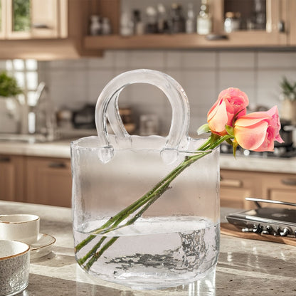 Glass Purse Vase for Flowers – Handbag Shape Clear Decorative Flower Vase, Home Table Decor, Gift