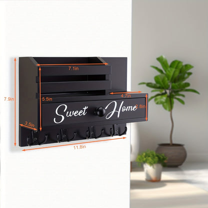 Key Holder for Wall with Drawer 8 Hooks – Rustic Wood Wall Mounted Key & Mail Organizer for Entryway, Kitchen, Mudroom, Office, Adhesive & Paintable Hooks, Space Saving Entryway Decor Storage