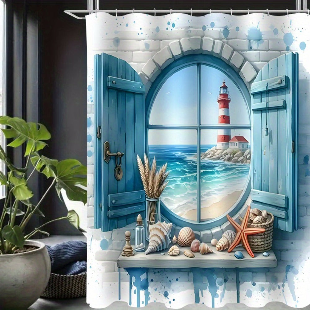 Lighthouse Shower Curtain Set with Ocean View Pattern – Nautical Bathroom Decor with Non-Slip Mat, Toilet Seat Cover & 12 Hooks for Apartment Hotel