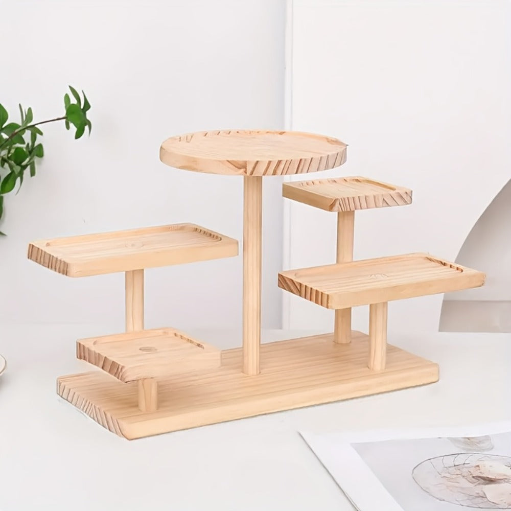 Tiered Wooden Display Stand Libra Balance Scale Style – Multi-Level Storage Organizer Shelf for Jewelry Crystals Snacks Home Decor Countertop