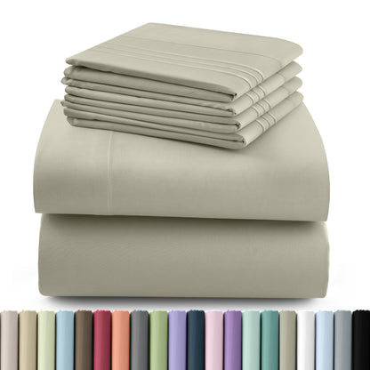 Fitted Sheet Set 6-Piece Brushed Polyester Deep Pocket Bed Sheets 20 Colors Hotel Luxury Soft Bedding with Embroidered Pillowcases