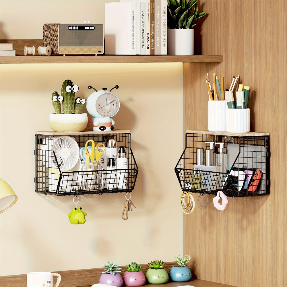Stackable Metal Wire Fruit Basket with Lid – 1 or 2-Tier Hanging Kitchen Pantry Storage Bin, Wall-Mounted or Countertop Vegetable Organizer for Potato, Onion & Produce, Black