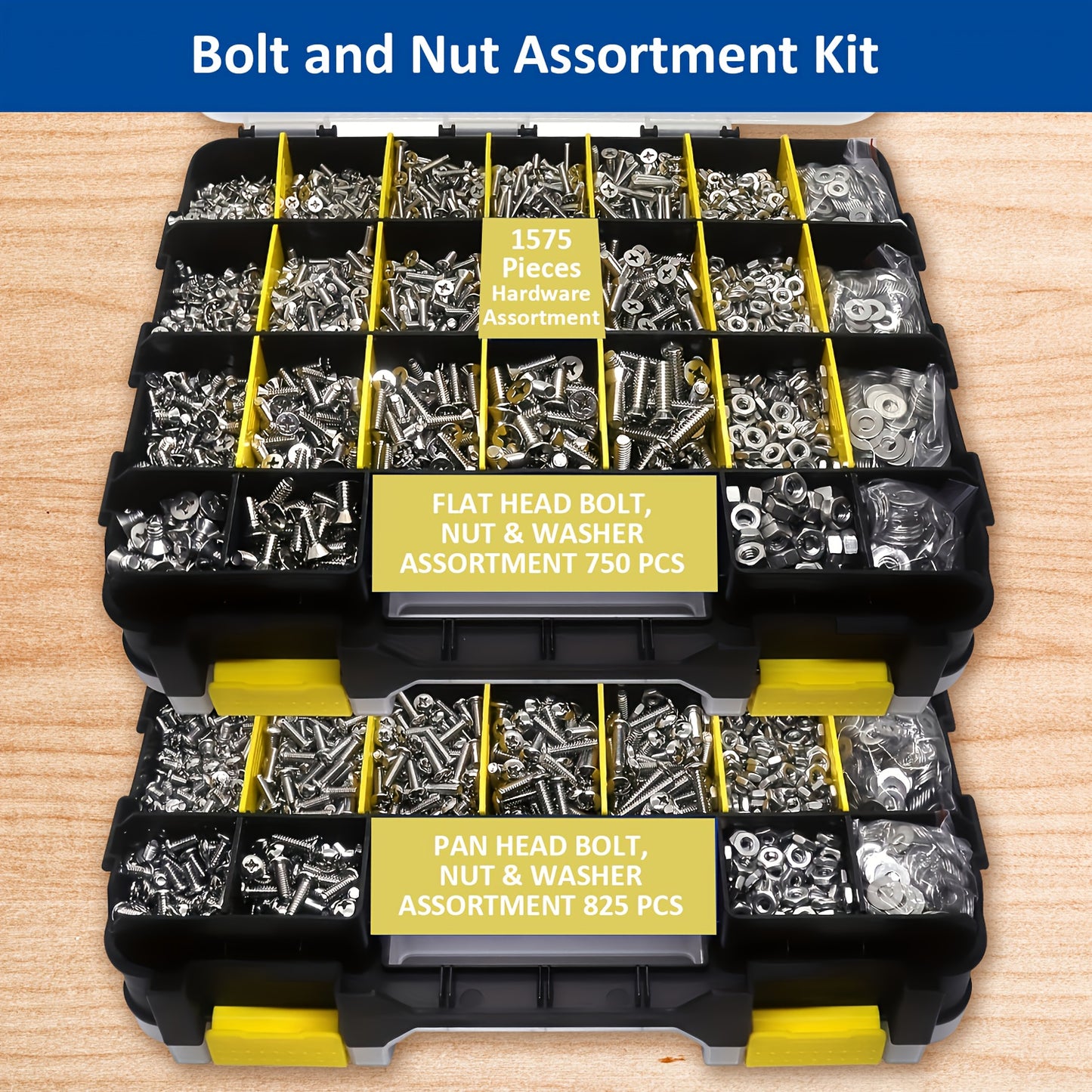 1575pcs 304 Stainless Steel Nuts and Bolts Assortment Kit – Pan Head Flat Head Screws Nuts Washers with Double-Sided Storage Box for Home & Mechanical Repairs