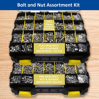 1575pcs 304 Stainless Steel Nuts and Bolts Assortment Kit – Pan Head Flat Head Screws Nuts Washers with Double-Sided Storage Box for Home & Mechanical Repairs