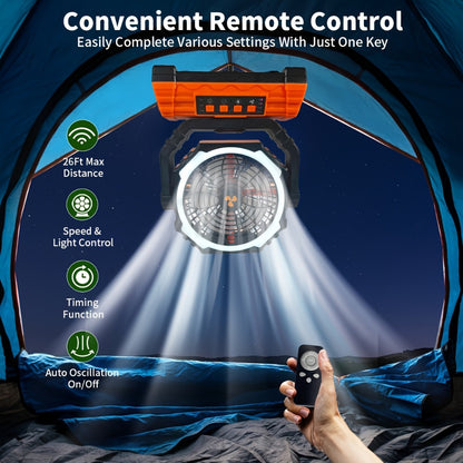 Camping Fan 20000mAh Battery Powered with 4 LED Lantern - Dual Motor 4-Speed Portable Outdoor Fan with Hook & Remote Control | Desktop Fan for Tent, Power Outage & Construction Site