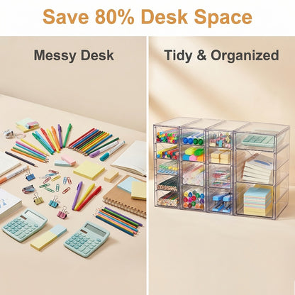 Clear Acrylic Drawer Organizer with 8 or 16 Drawers - Stackable Desktop Storage for Makeup, Jewelry, Office Supplies & Art Crafts, Modular Desk Organizer Set for Home & Office
