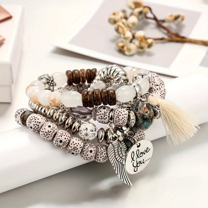 Bohemian Beaded Bracelet Set 24pcs – Multi-Layer Wooden Bead Elastic Bracelets with Butterfly Elephant Tree Pendant, Handmade Colorful Tassel Wristbands for Women Men, Party Gift & Daily Wear