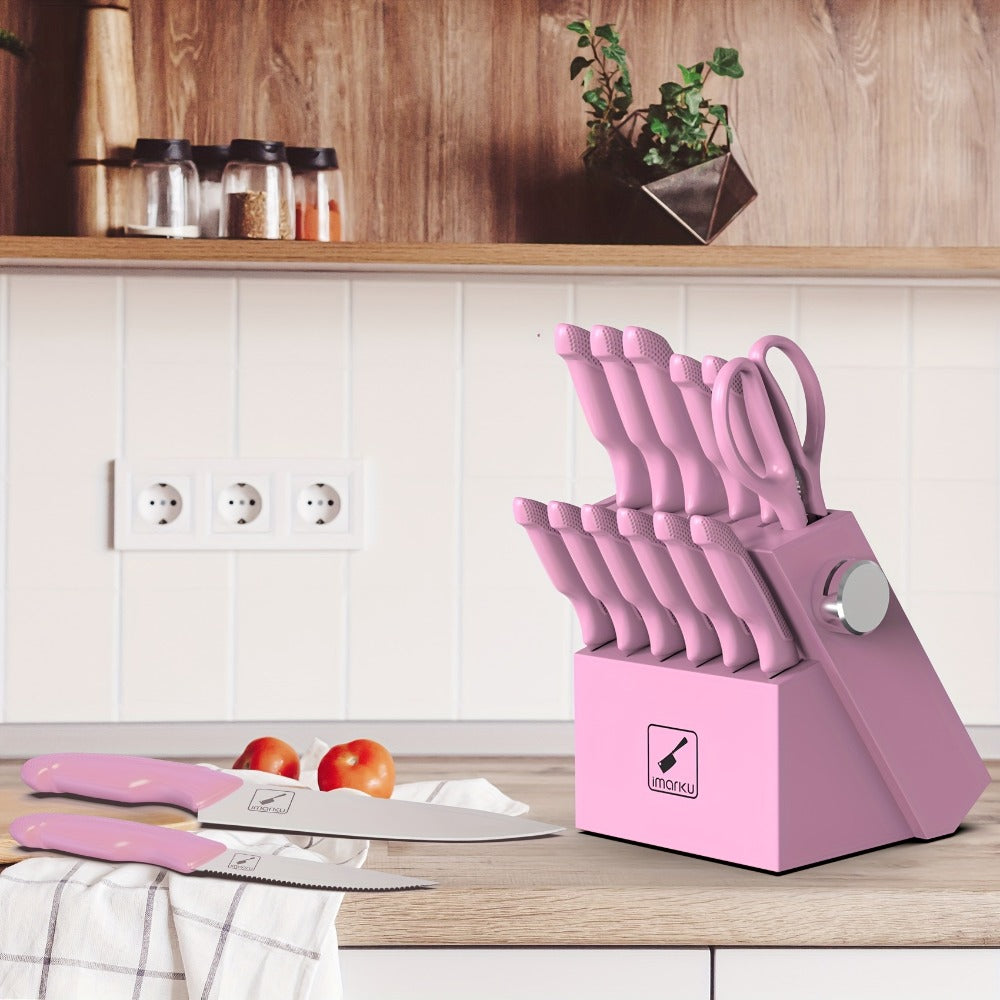 Knife Block Set 14 Piece Pink – Japanese Stainless Steel Kitchen Knife Set with Built-in Sharpener, Non-Slip Ergonomic Handles, Dishwasher Safe, Perfect Holiday & Housewarming Gift for Women