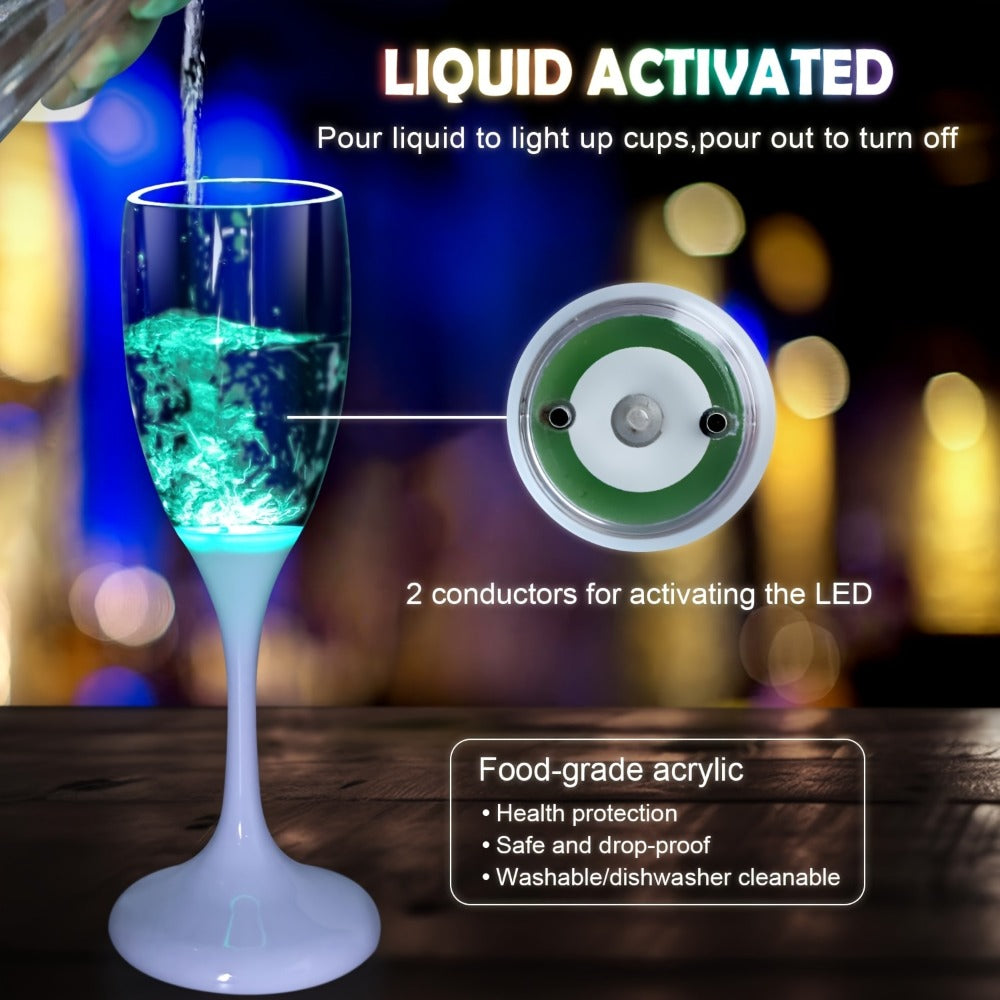 LED Light Up Champagne Flutes Set of 6 – Glow in the Dark Colored Plastic Wine Glasses for Birthday Halloween Christmas Wedding Party Favors Adults